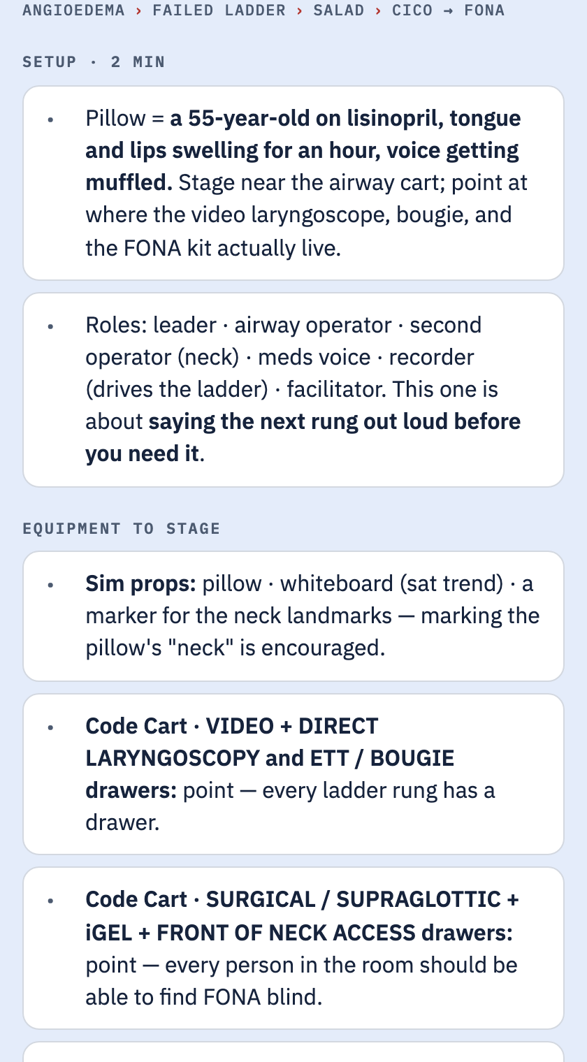 Sim brief: angioedema to failed airway ladder to FONA, with checkable setup steps